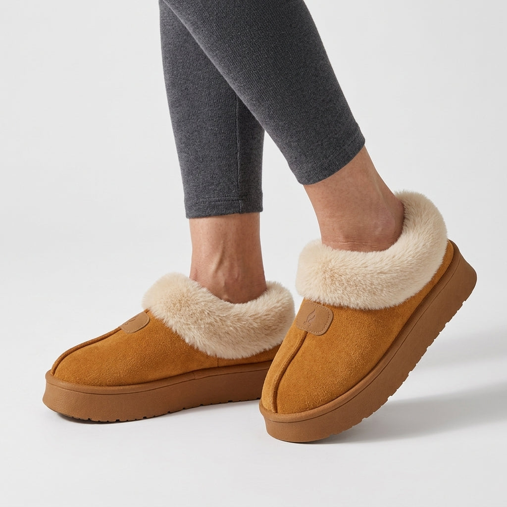 Women's platform slippers in a suede look with a fold-out faux fur collar