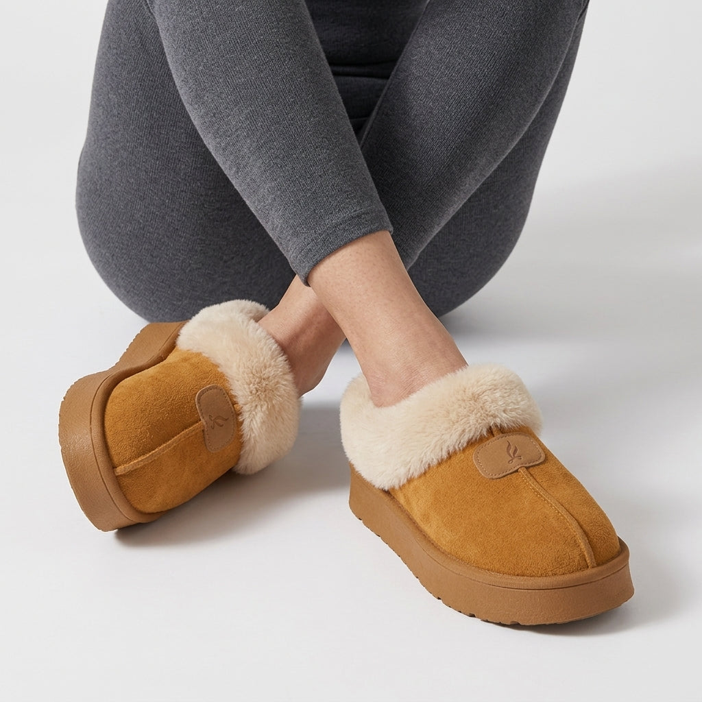 Women's platform slippers in a suede look with a fold-out faux fur collar