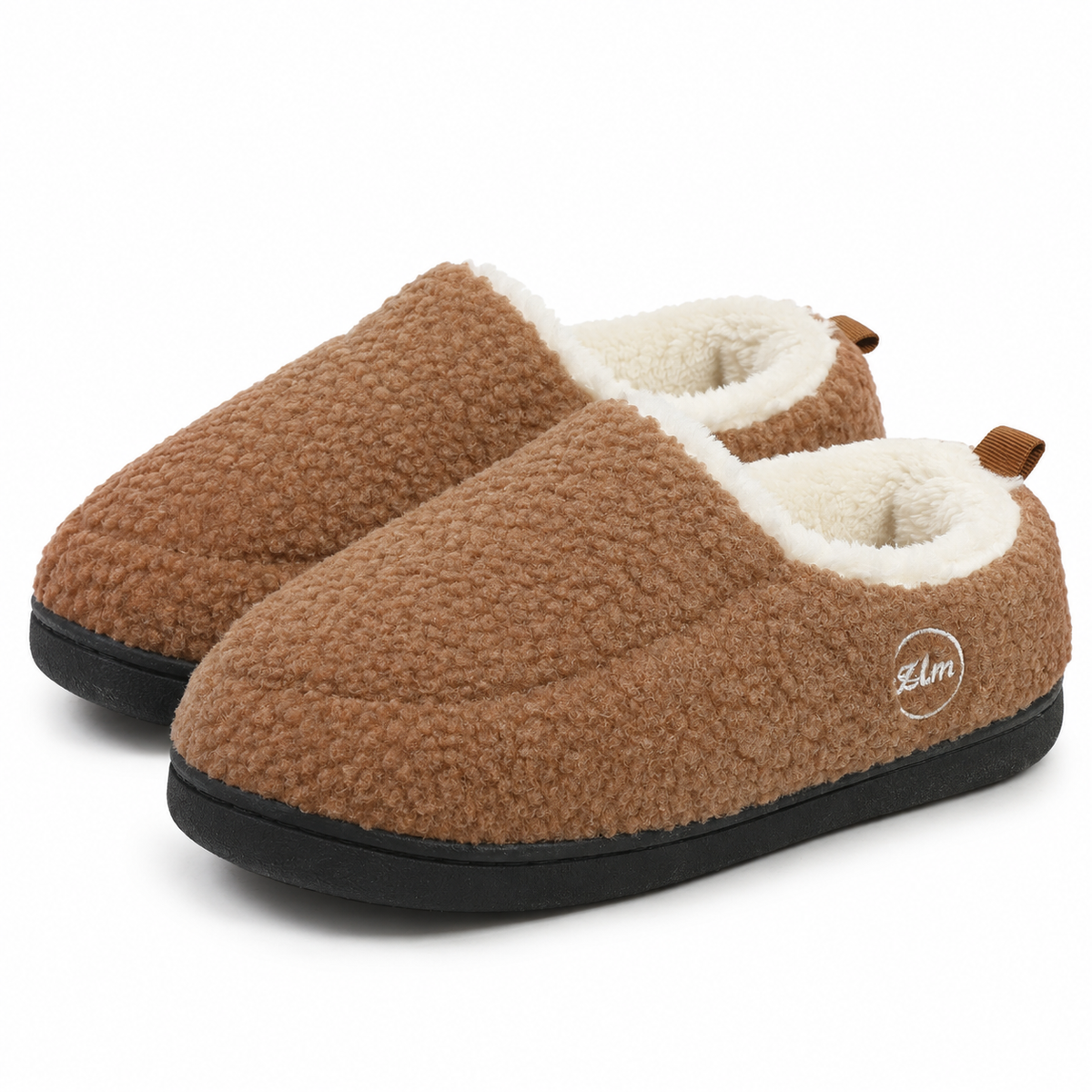 Unisex sherpa loafer slippers with a fleece collar and a heel tab in brown