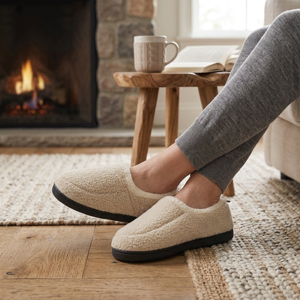 Unisex sherpa loafer slippers with a fleece collar and a heel tab