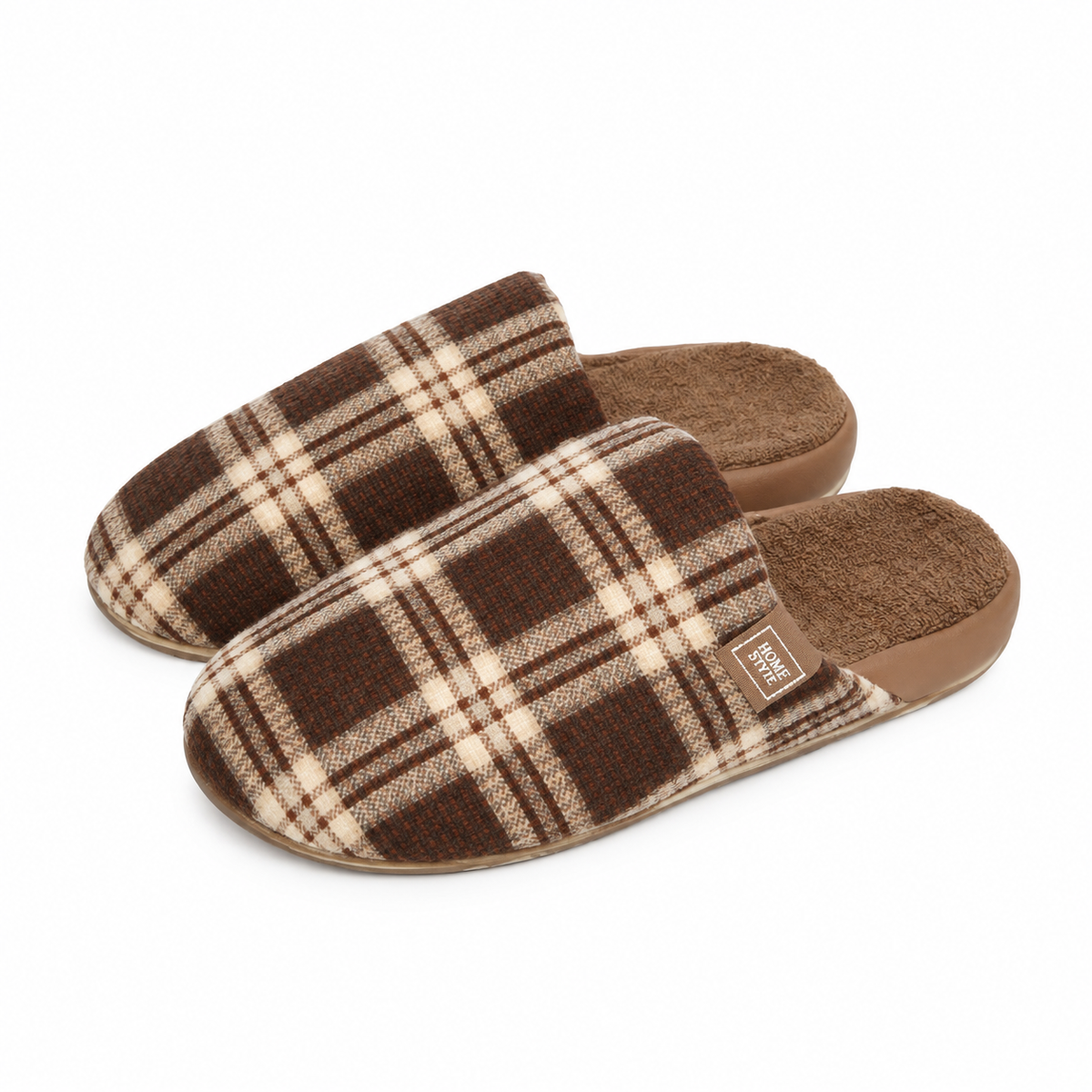 Unisex checked mule slippers with a fleece lining and a thick sole in brown check