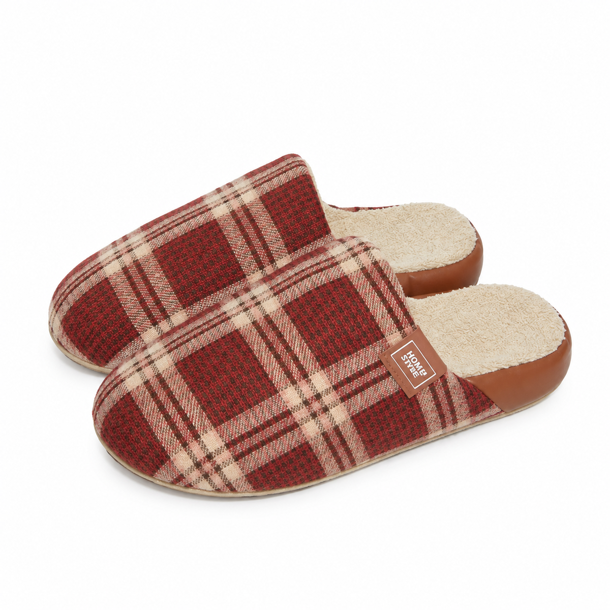 Unisex checked mule slippers with a fleece lining and a thick sole in red check