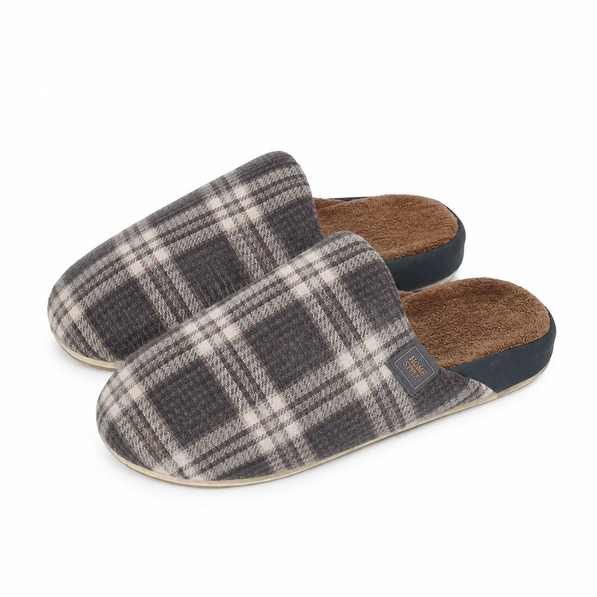 Unisex checked mule slippers with a fleece lining and a thick sole in grey check