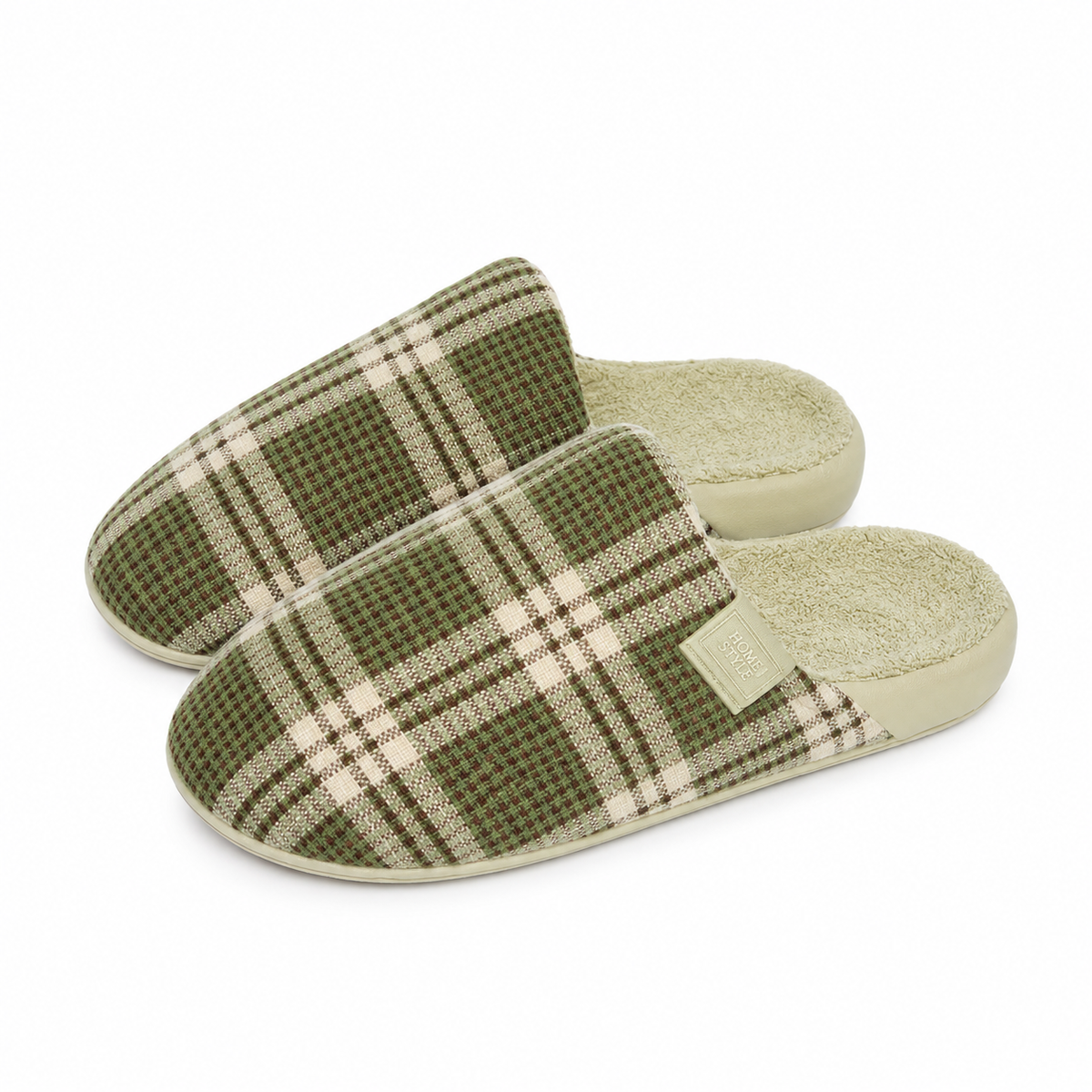 Unisex checked mule slippers with a fleece lining and a thick sole in green check