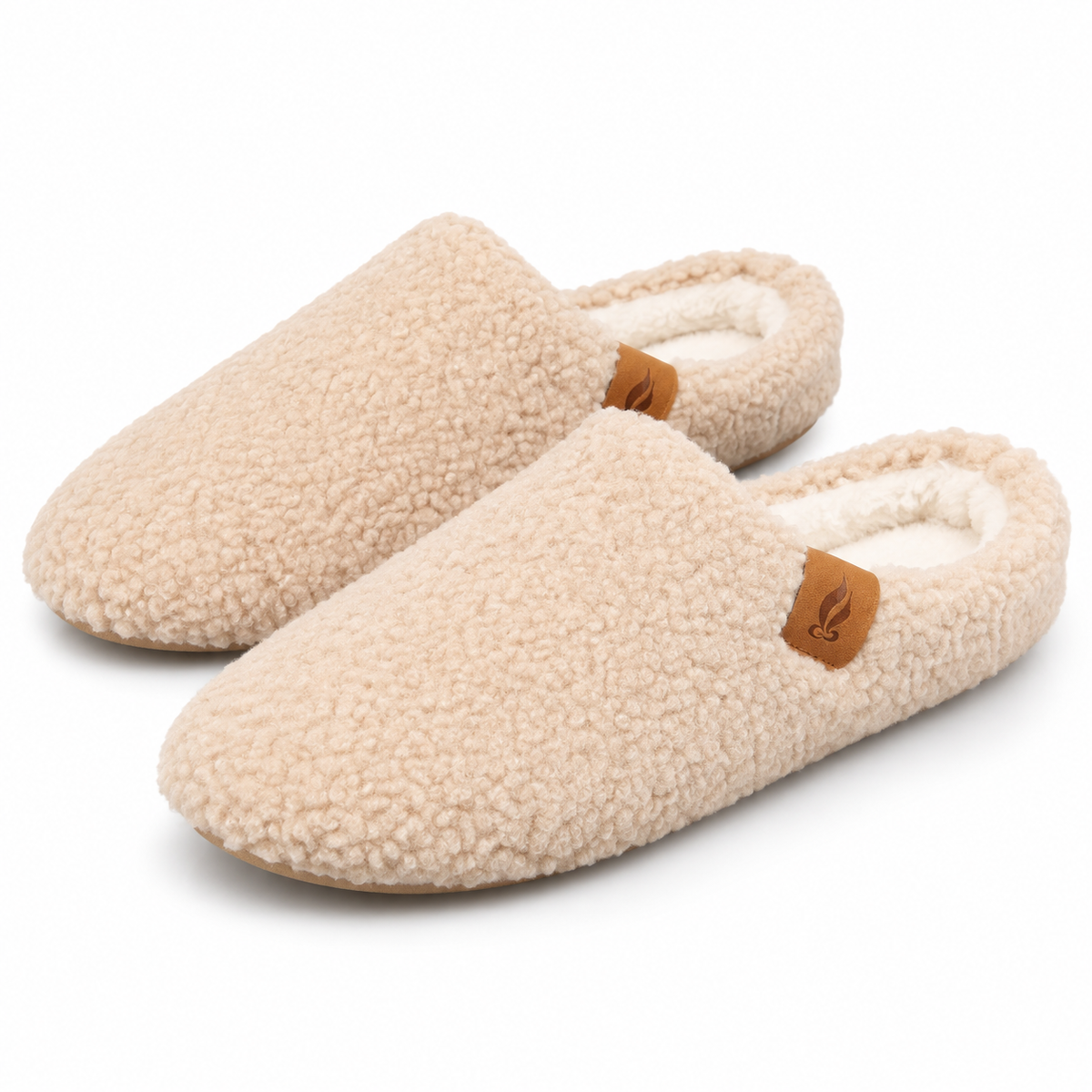 Unisex teddy fleece mule slippers with a plush lining in cream
