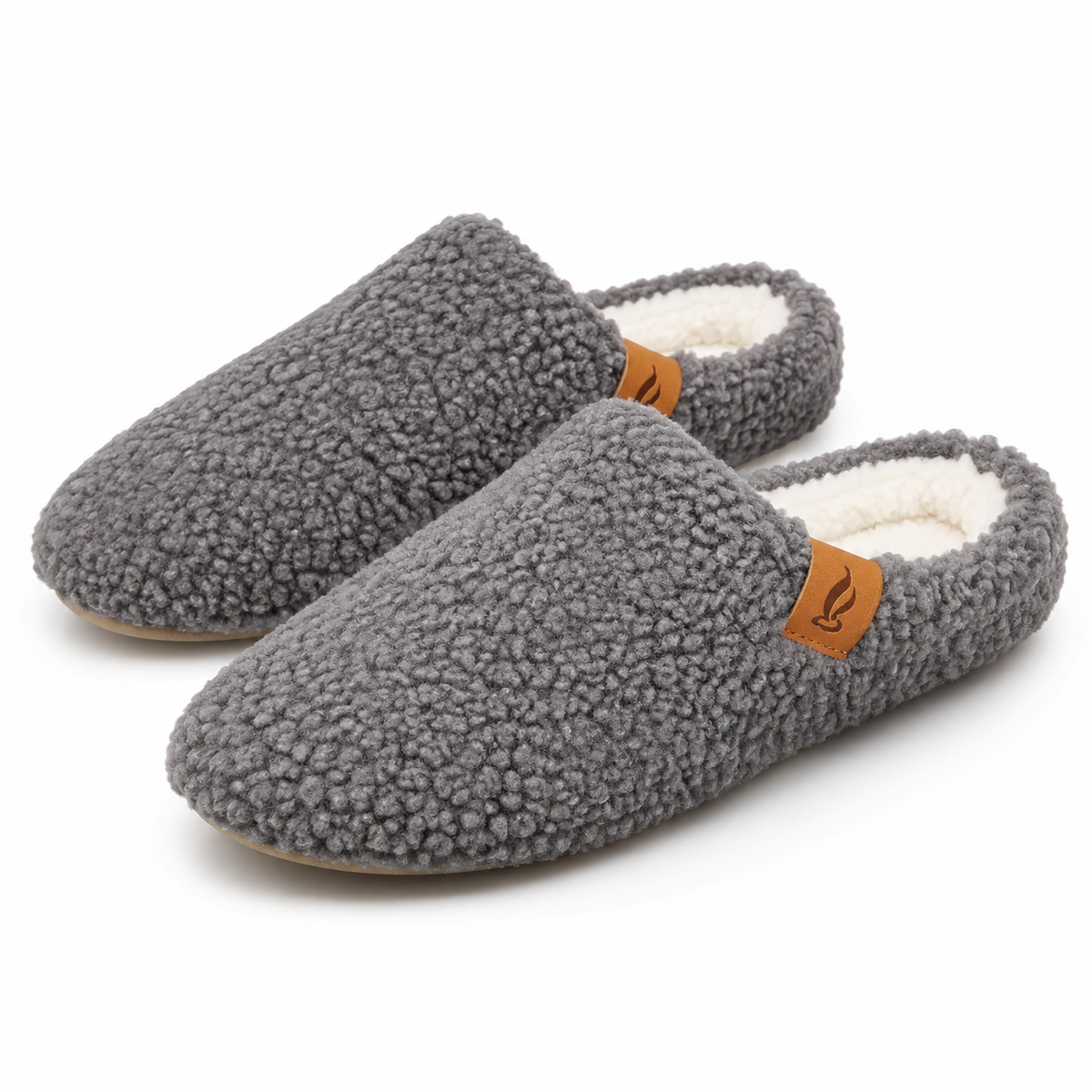 Unisex teddy fleece mule slippers with a plush lining in grey