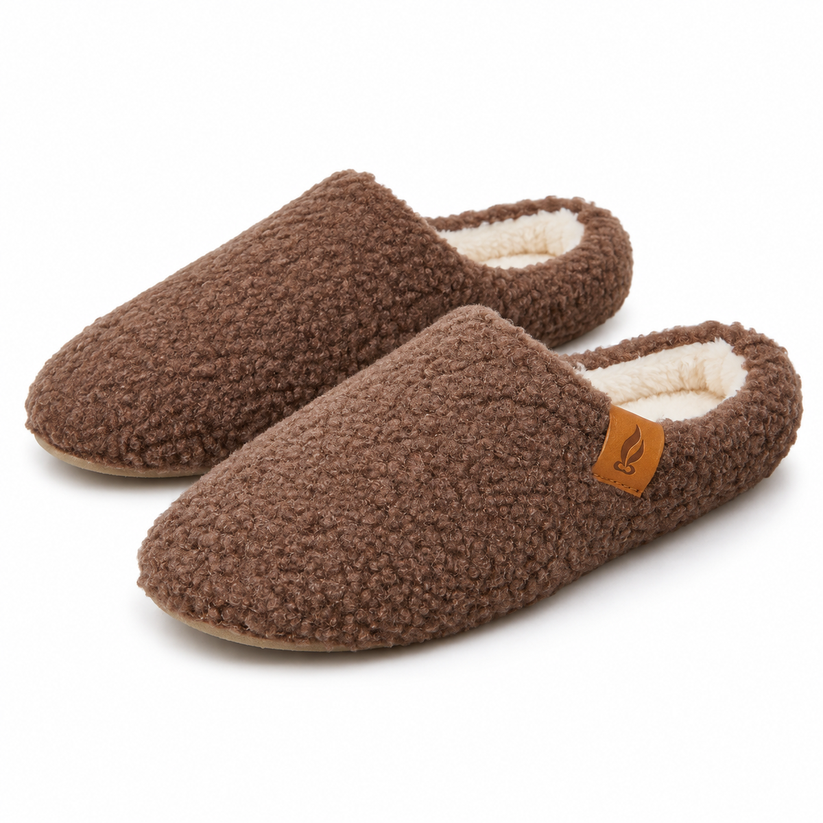 Unisex teddy fleece mule slippers with a plush lining in brown