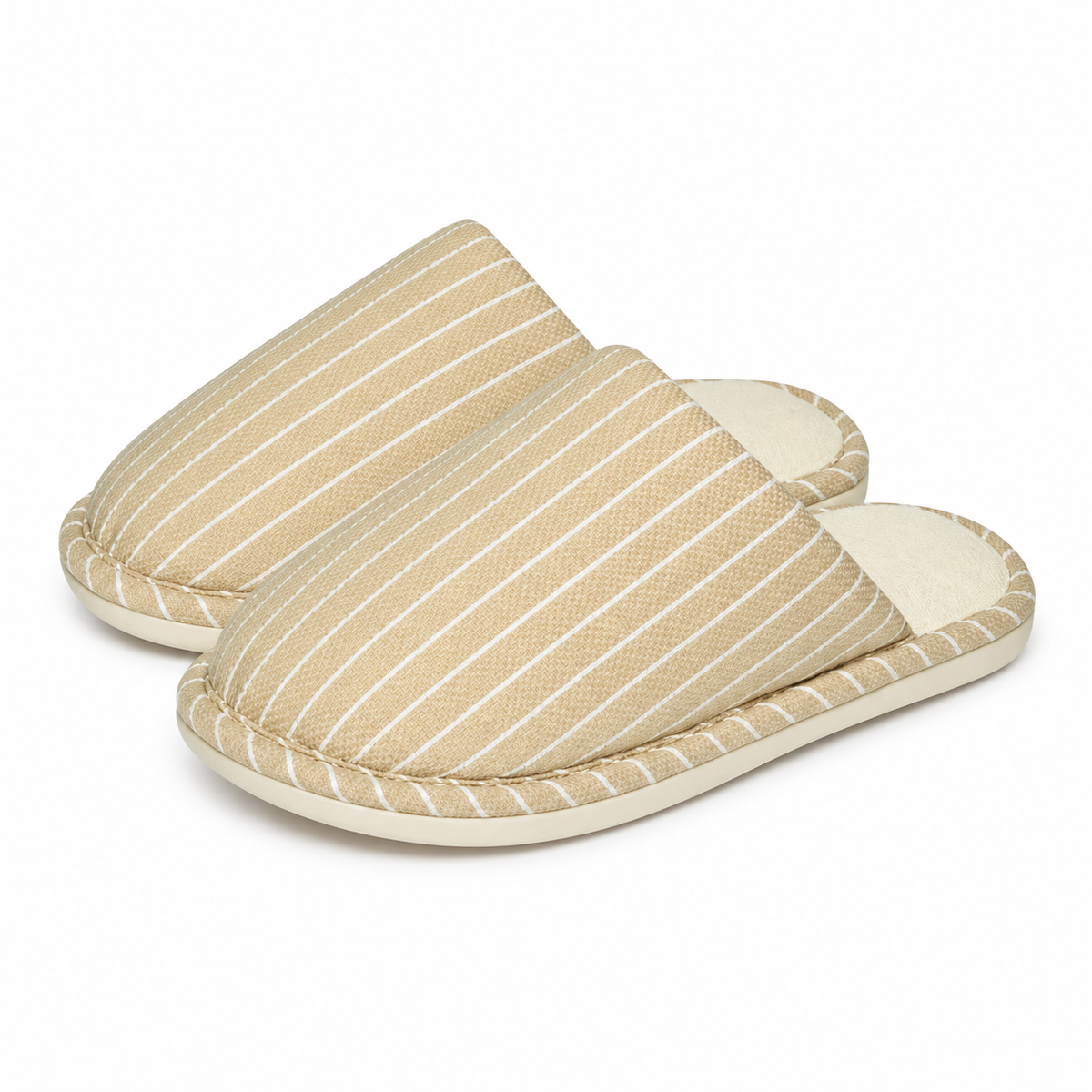 Unisex pinstriped mule slippers with a soft lining and a piped edge in sand