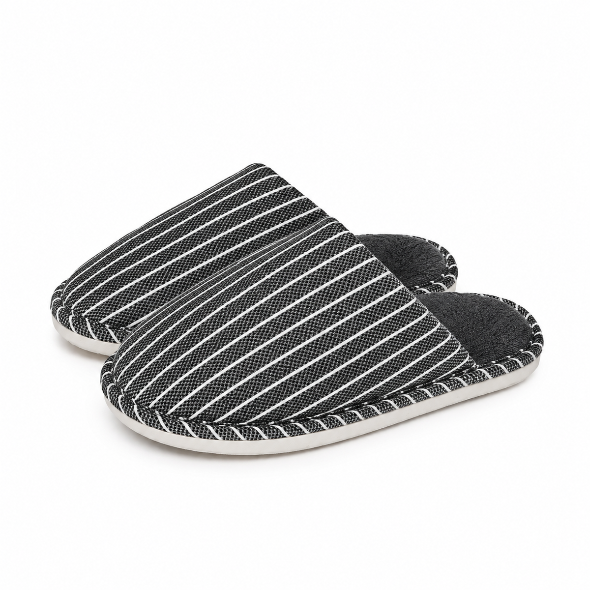 Unisex pinstriped mule slippers with a soft lining and a piped edge in black