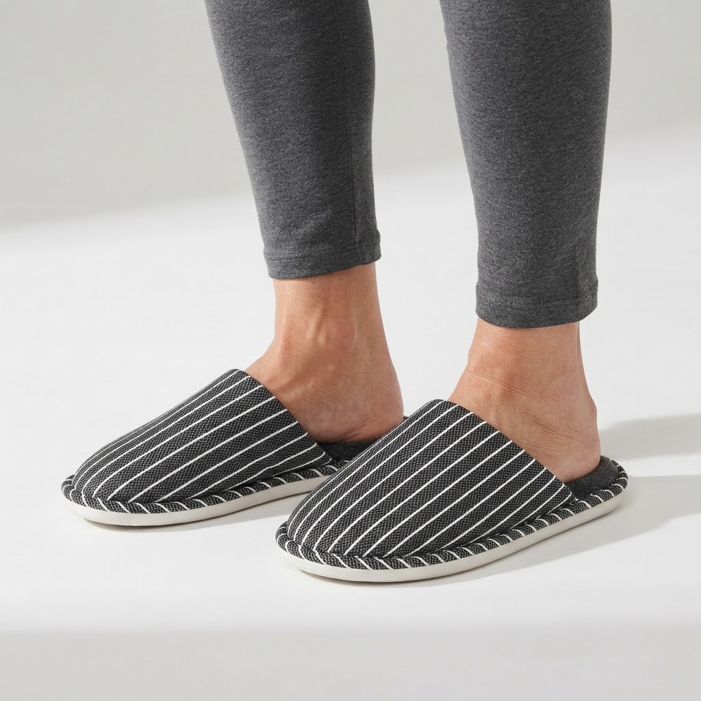 Unisex pinstriped mule slippers with a soft lining and a piped edge