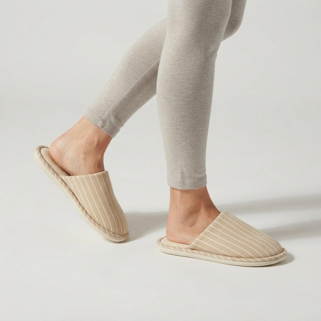 Unisex pinstriped mule slippers with a soft lining and a piped edge