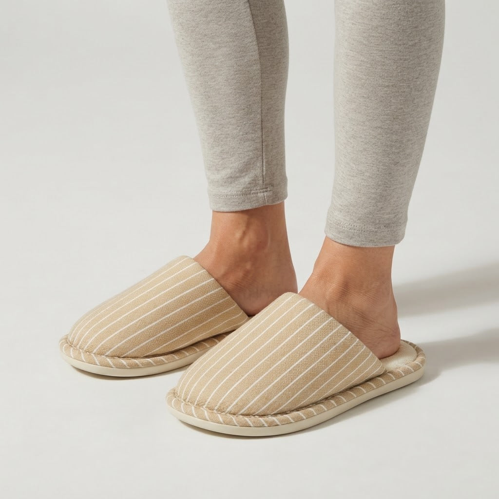 Unisex pinstriped mule slippers with a soft lining and a piped edge