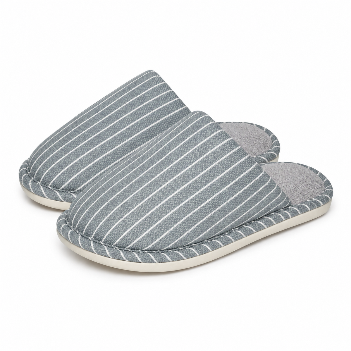 Unisex pinstriped mule slippers with a soft lining and a piped edge in grey