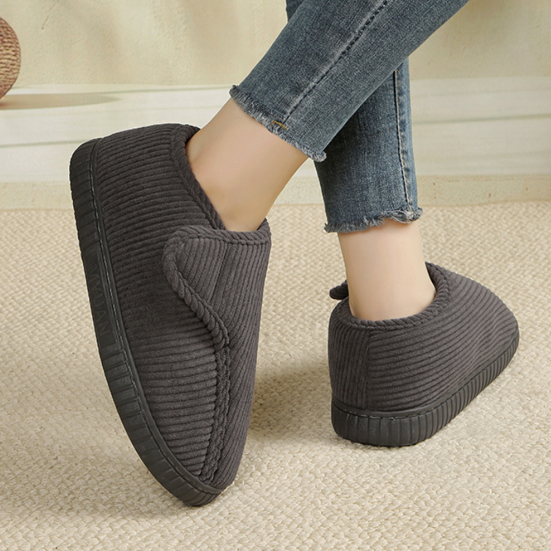 Unisex corduroy house shoes with an adjustable strap and a fleece lining