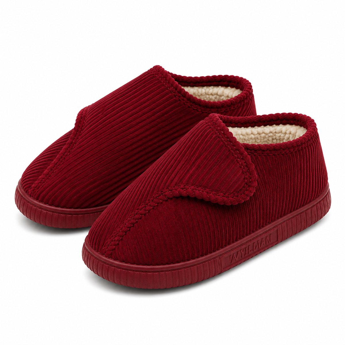 Unisex corduroy house shoes with an adjustable strap and a fleece lining in burgundy