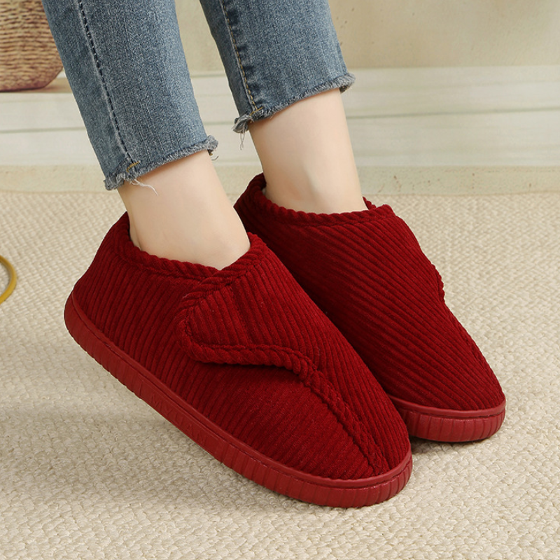 Unisex corduroy house shoes with an adjustable strap and a fleece lining