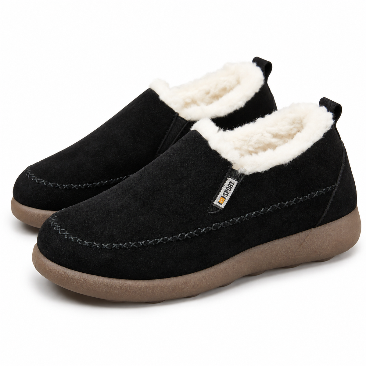 Suede-look slip-on shoes with a deep fleece collar and a cushioned sole in black