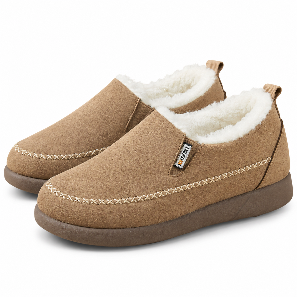 Suede-look slip-on shoes with a deep fleece collar and a cushioned sole in camel
