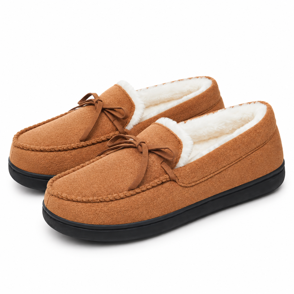Women's moccasin slippers with a tied bow and a fleece lining in tan