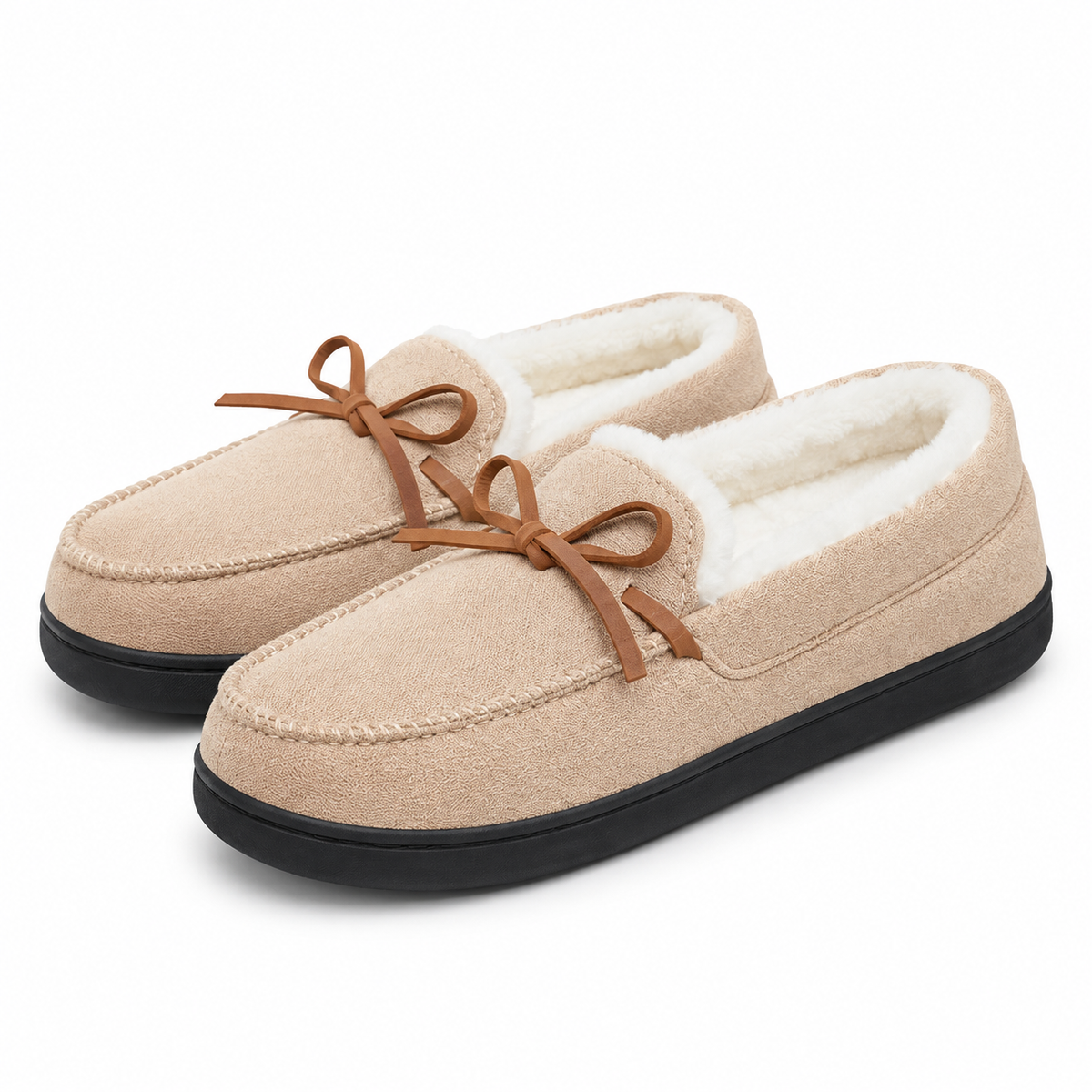 Women's moccasin slippers with a tied bow and a fleece lining in beige