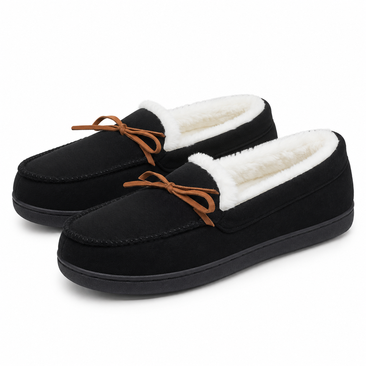 Women's moccasin slippers with a tied bow and a fleece lining in black