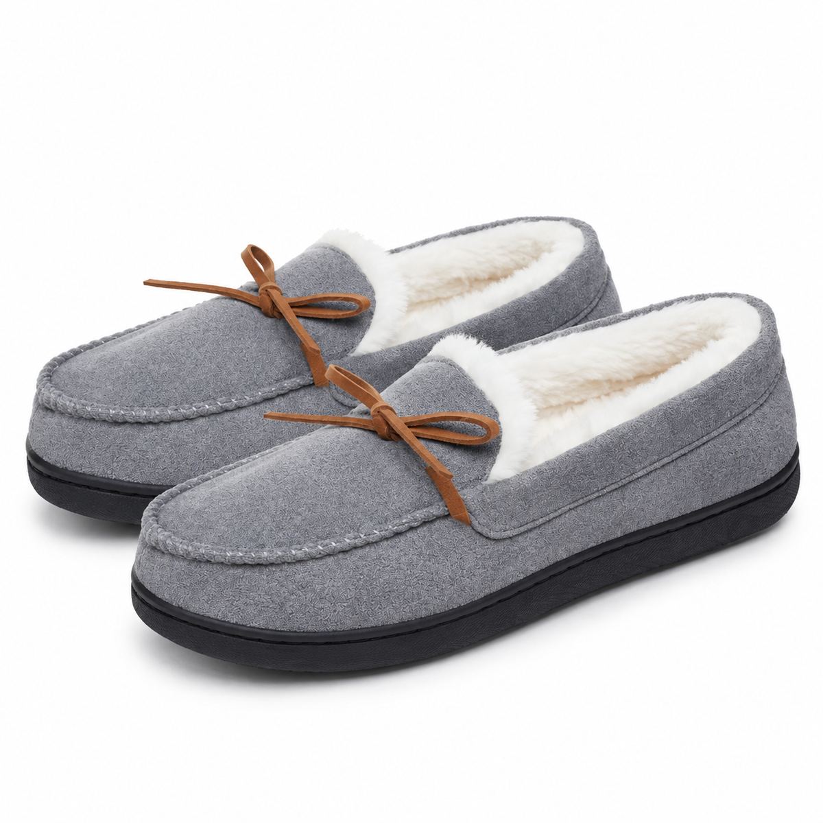 Women's moccasin slippers with a tied bow and a fleece lining in grey