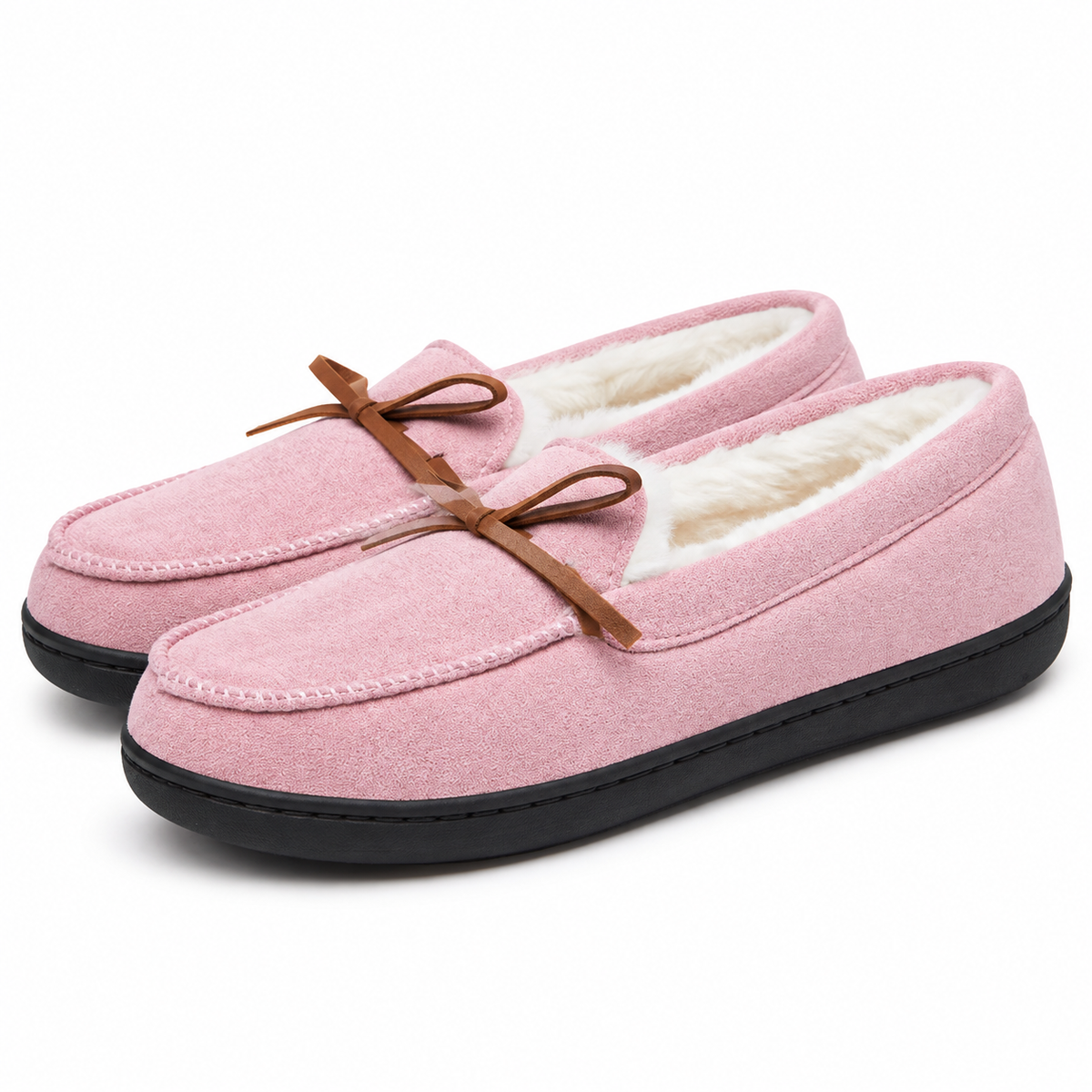 Women's moccasin slippers with a tied bow and a fleece lining in pink