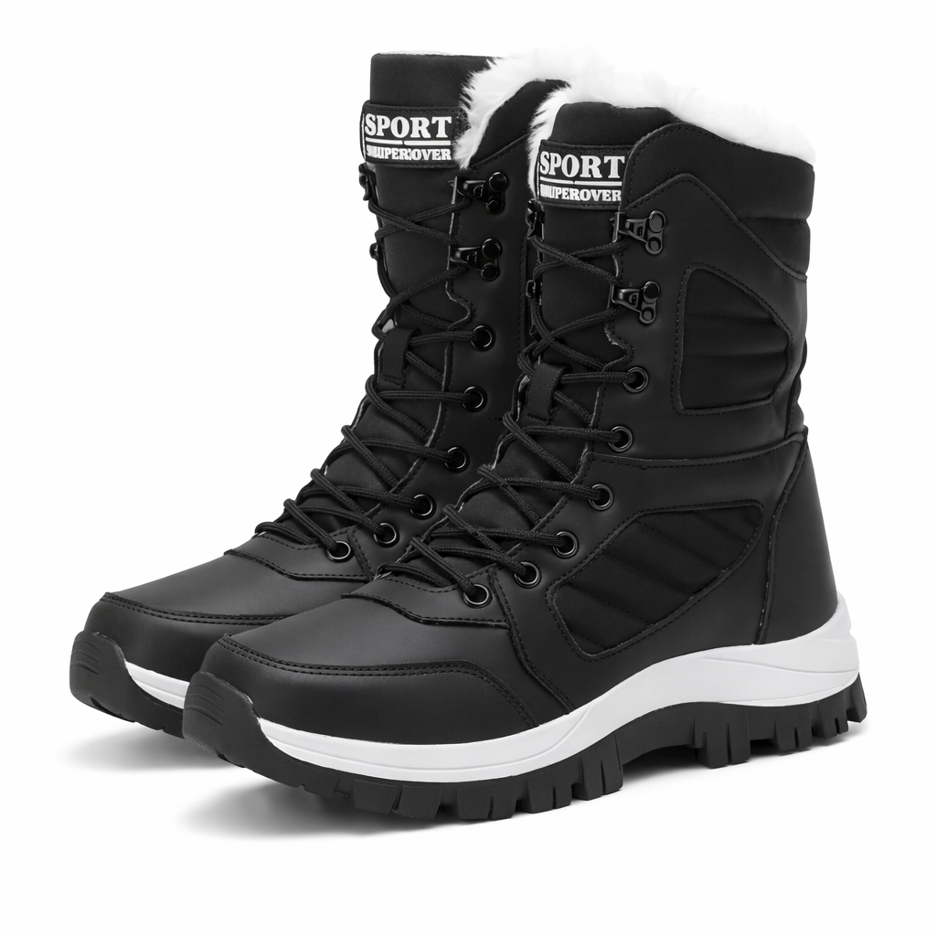 High snow boots with a faux fur cuff and a deep lug sole in black