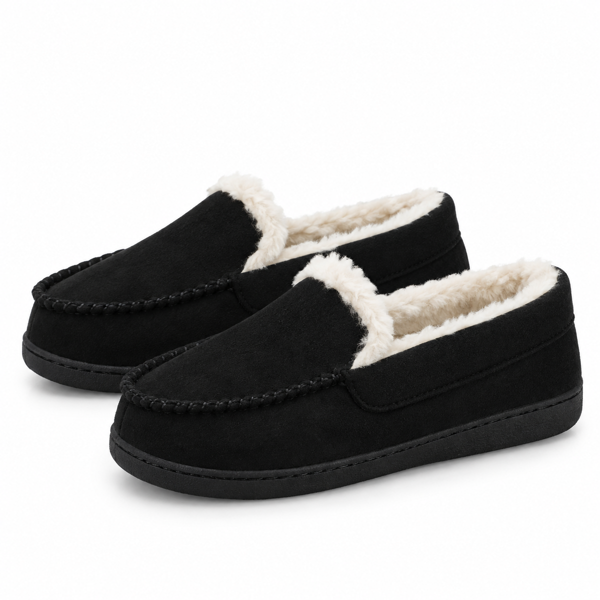 Women's fleece-lined moccasin loafers in a suede look in black