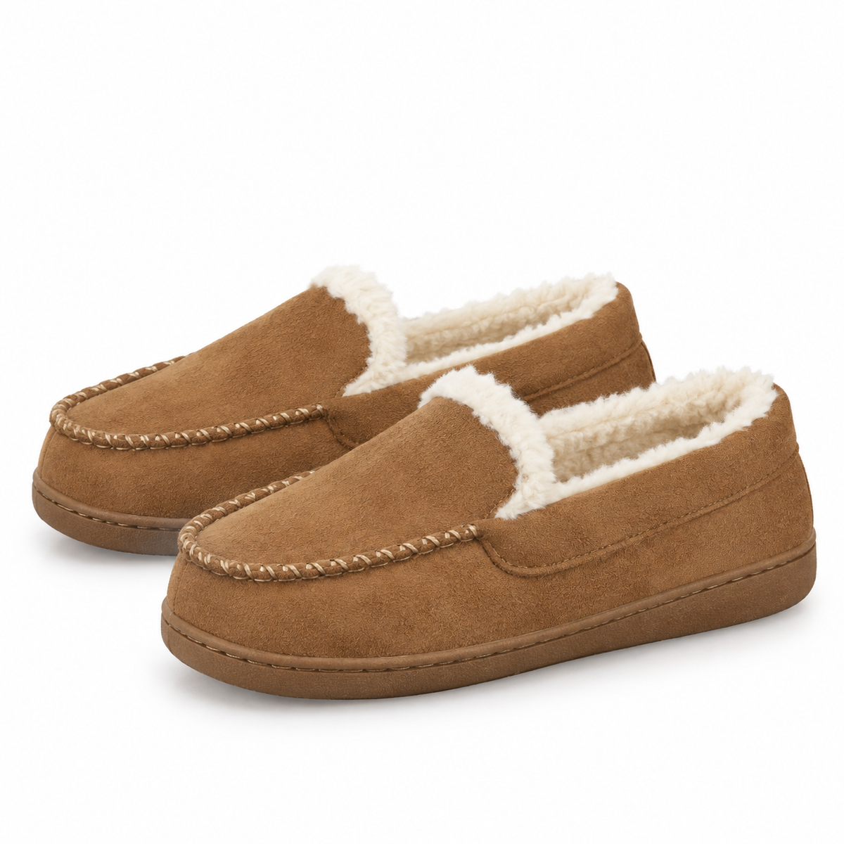 Women's fleece-lined moccasin loafers in a suede look in tan
