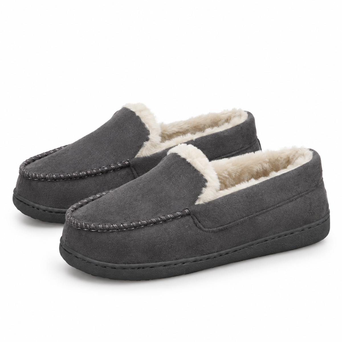 Women's fleece-lined moccasin loafers in a suede look in grey