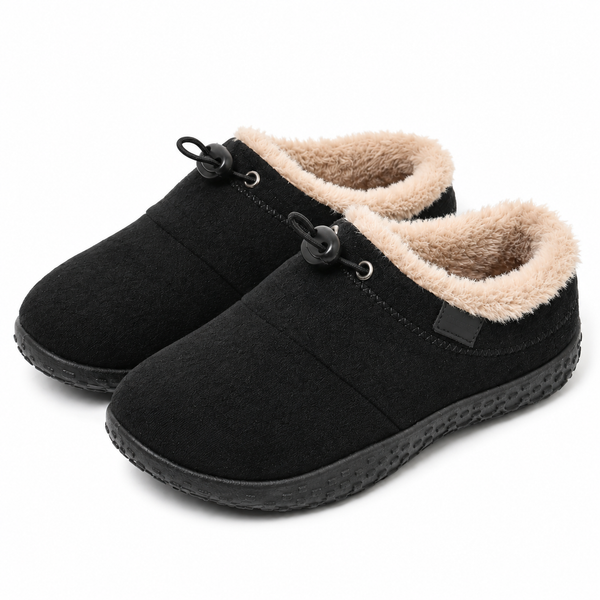 Women's fleece-lined slip-on shoes with an elastic toggle lace and a rubber sole in black
