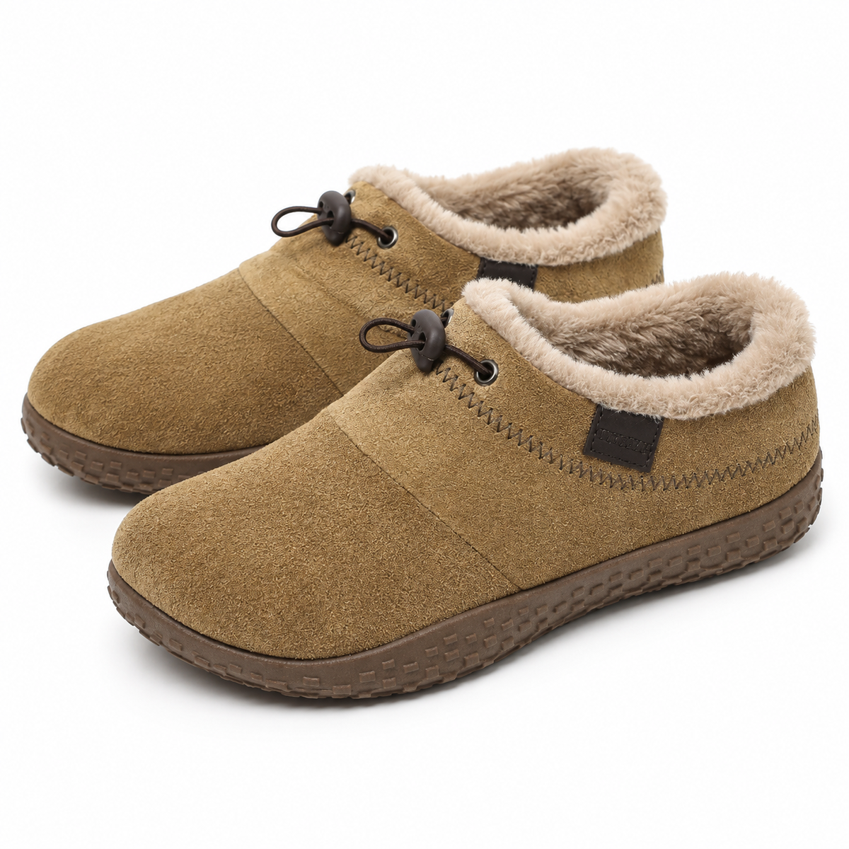 Women's fleece-lined slip-on shoes with an elastic toggle lace and a rubber sole in khaki