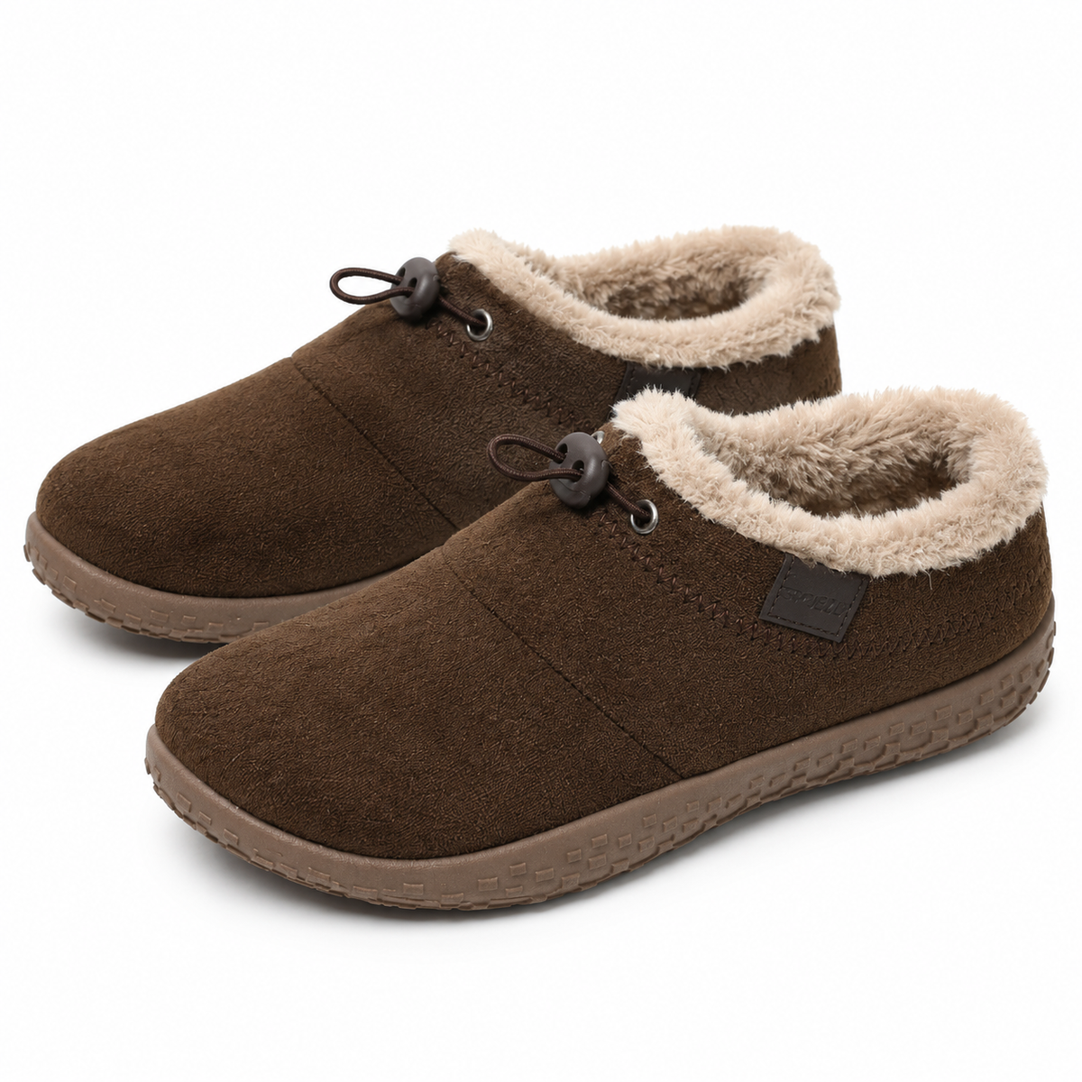 Women's fleece-lined slip-on shoes with an elastic toggle lace and a rubber sole in brown