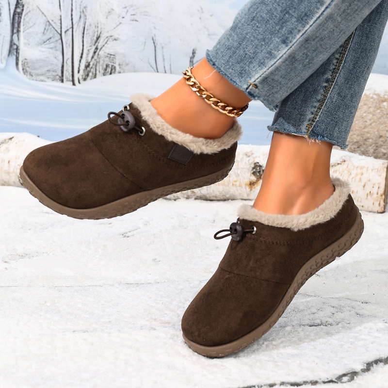 Women's fleece-lined slip-on shoes with an elastic toggle lace and a rubber sole