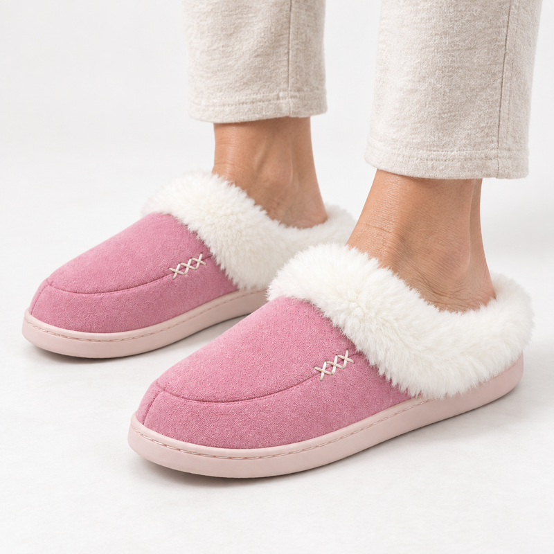 Women's slippers with a deep faux fur cuff and a cross-stitch detail