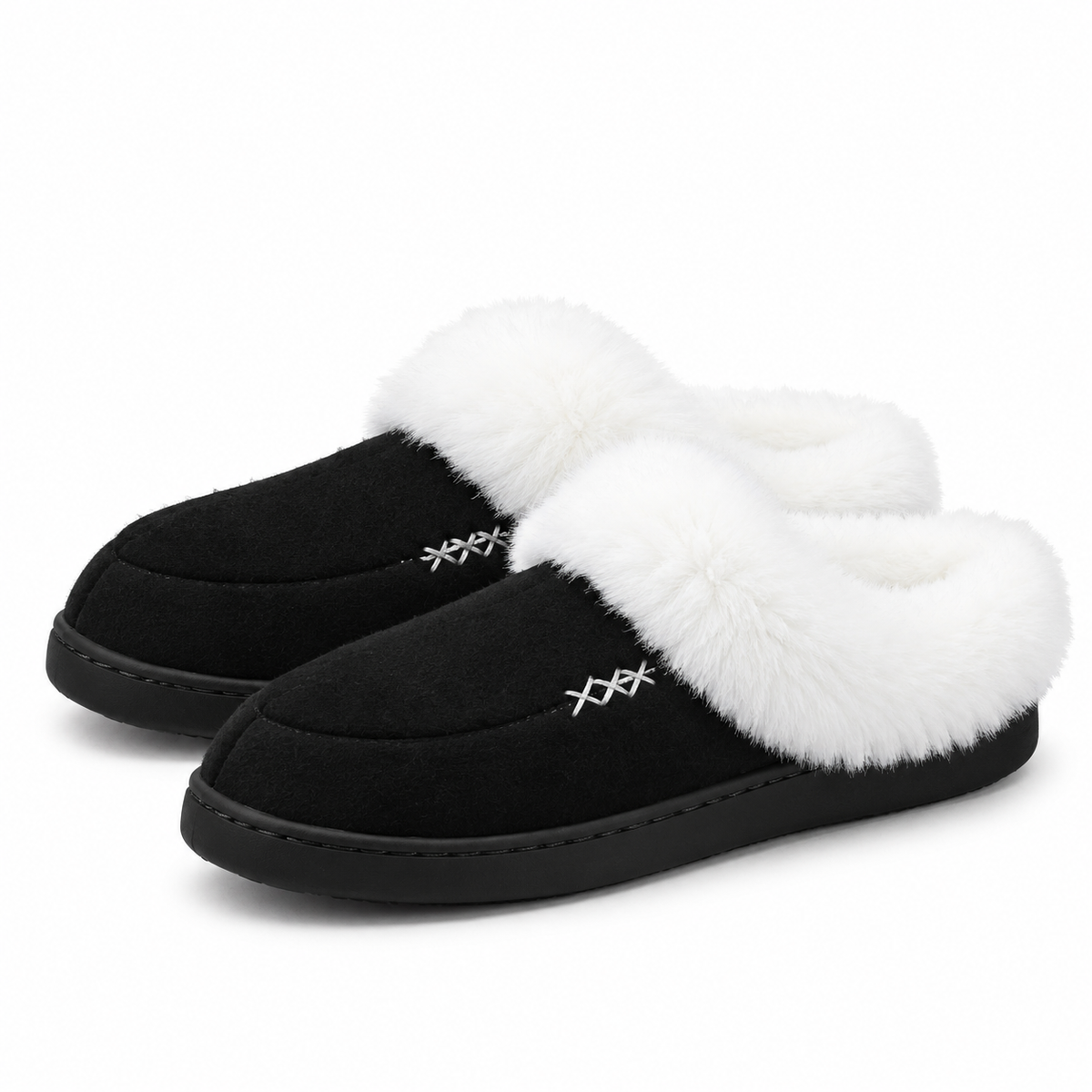 Women's slippers with a deep faux fur cuff and a cross-stitch detail in black