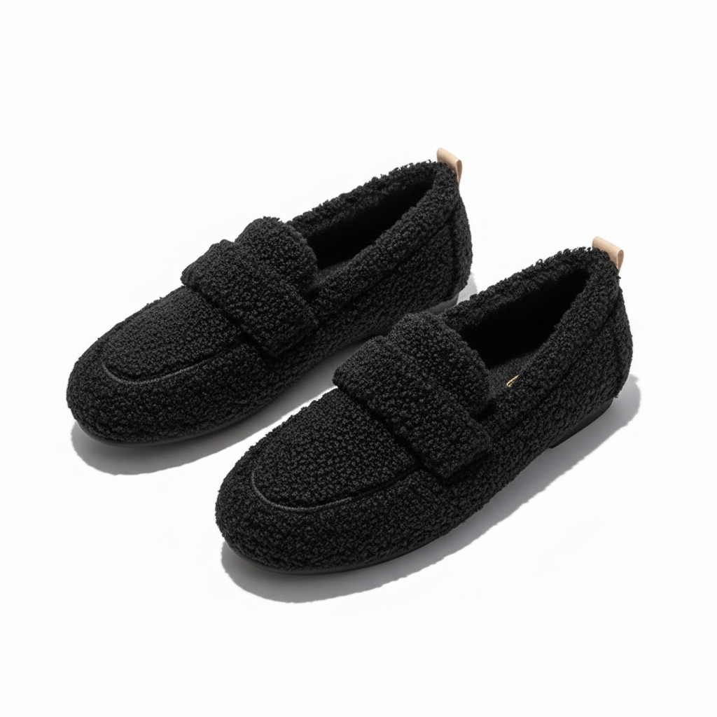 Women's teddy fleece loafer slippers with a wide band and a lug sole in black