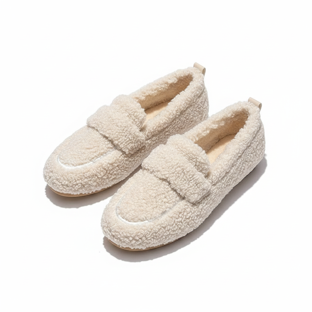 Women's teddy fleece loafer slippers with a wide band and a lug sole in cream