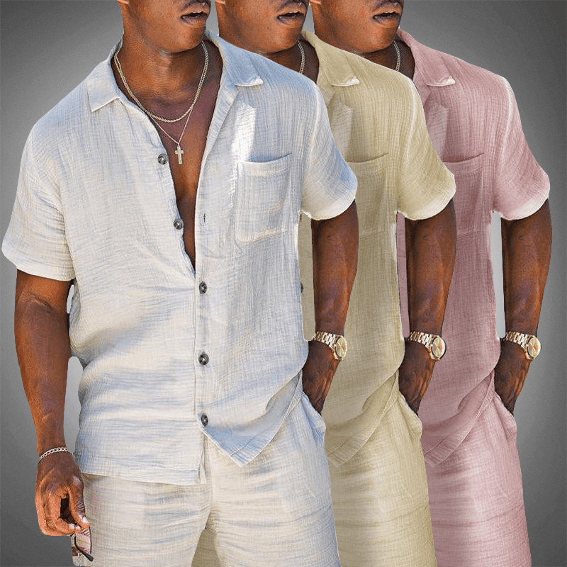 Men's Linen-Blend Co-Ord Set - Breathable Shirt & Shorts in Pink — back view