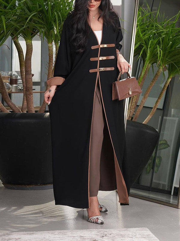 Floor-length open abaya with a contrast facing and gold-tone clasps