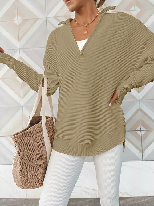 Women's half zip ribbed knit jumper in Khaki