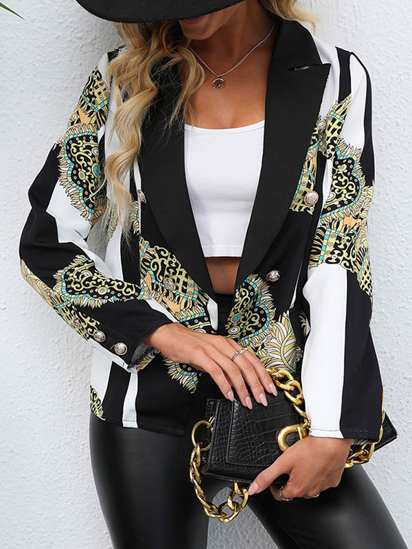 Cropped black and white striped blazer with baroque print panels in black and white
