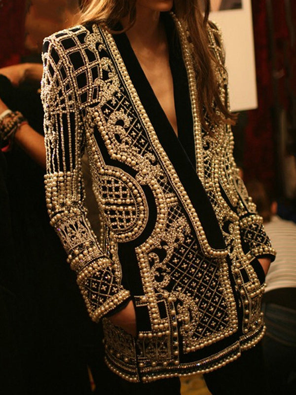 Beaded blazer with an ornamental pattern and a deep V-neck in gold