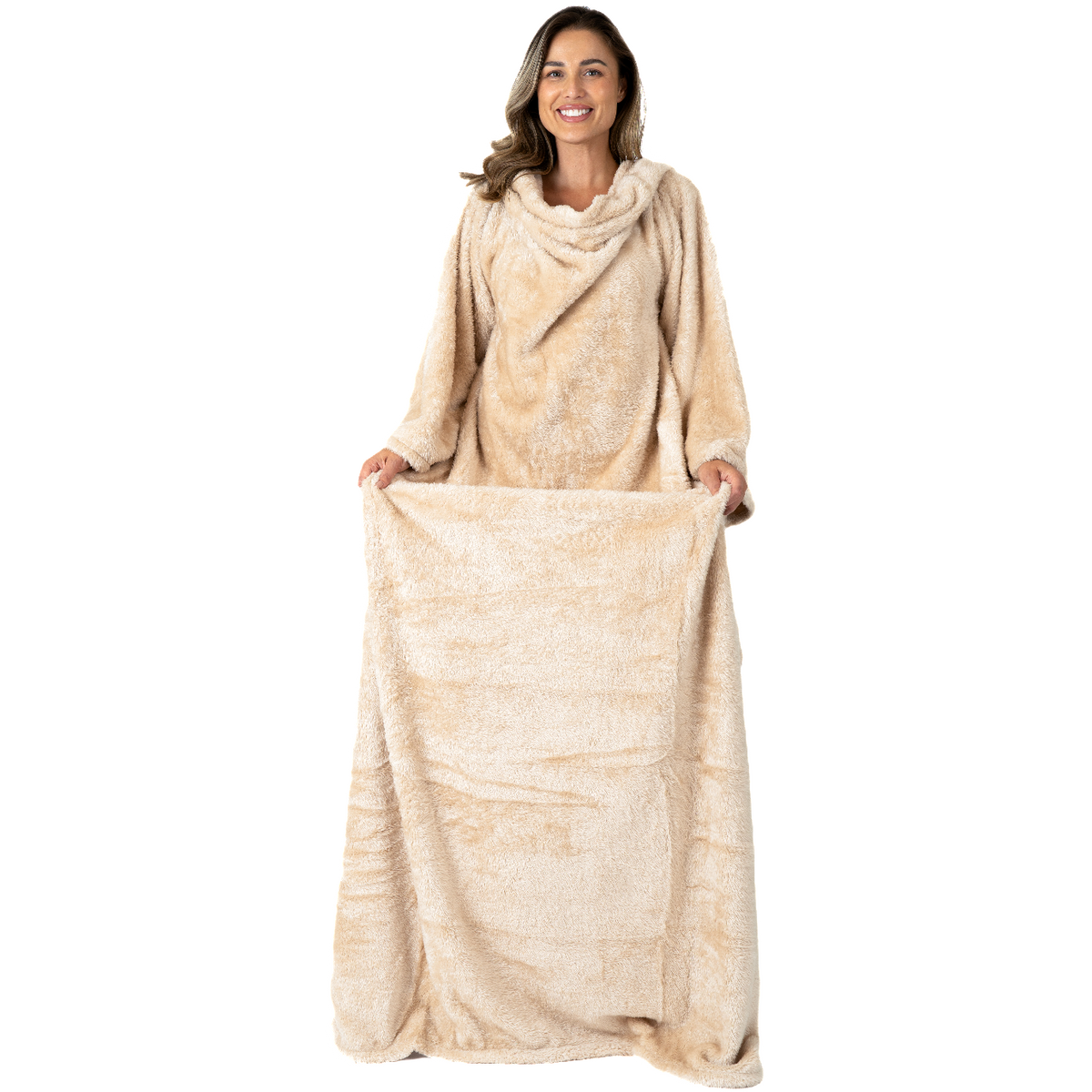 Beige Blanket with Sleeves and a Sherpa Lining
