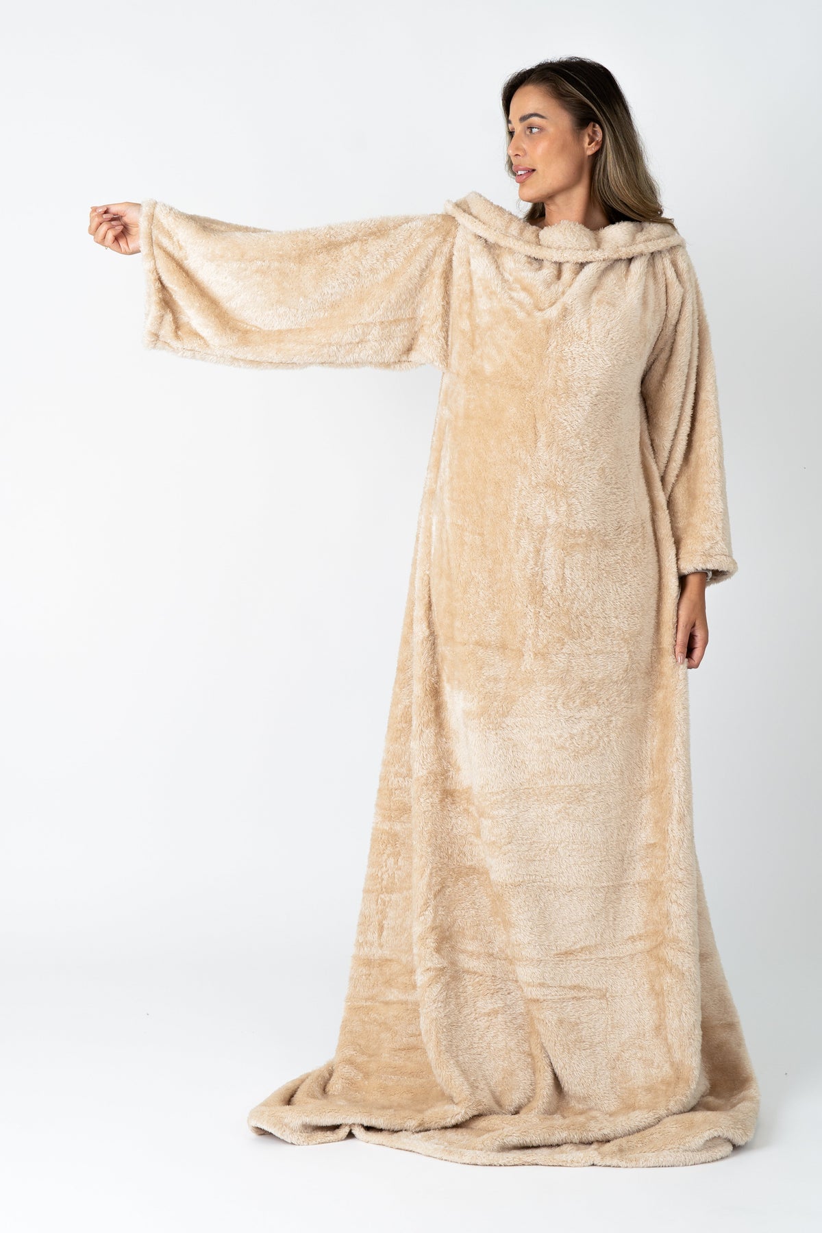 Beige Blanket with Sleeves and a Sherpa Lining