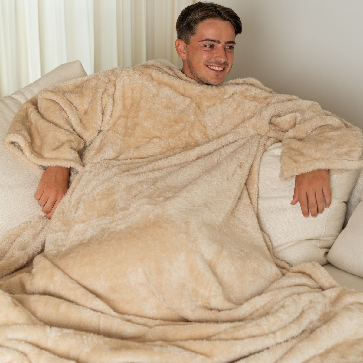 Beige Blanket with Sleeves and a Sherpa Lining
