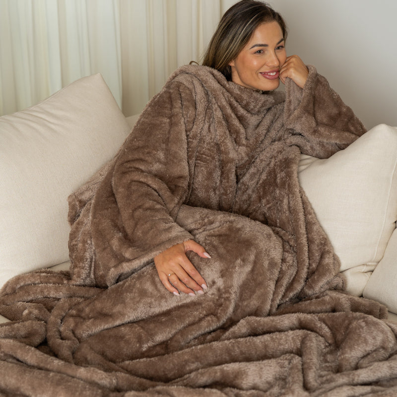 Mocha Brown Blanket with Sleeves and a Sherpa Lining