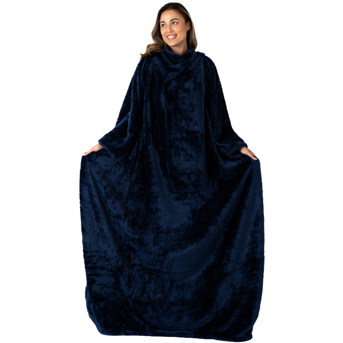 Navy Blanket with Sleeves and a Sherpa Lining
