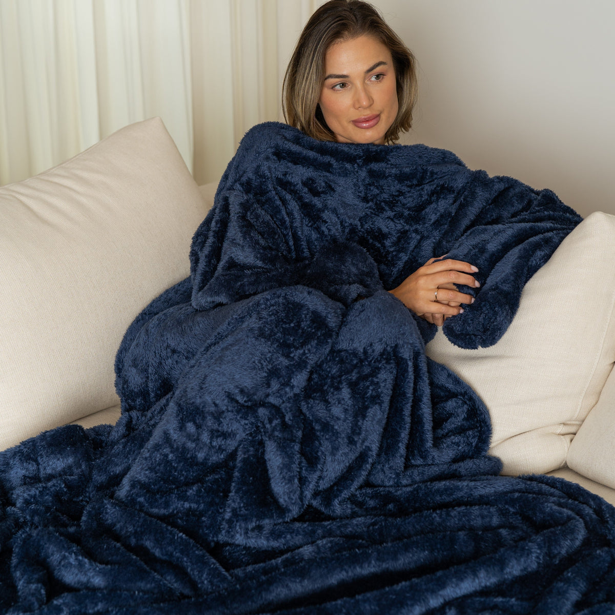 Navy Blanket with Sleeves and a Sherpa Lining